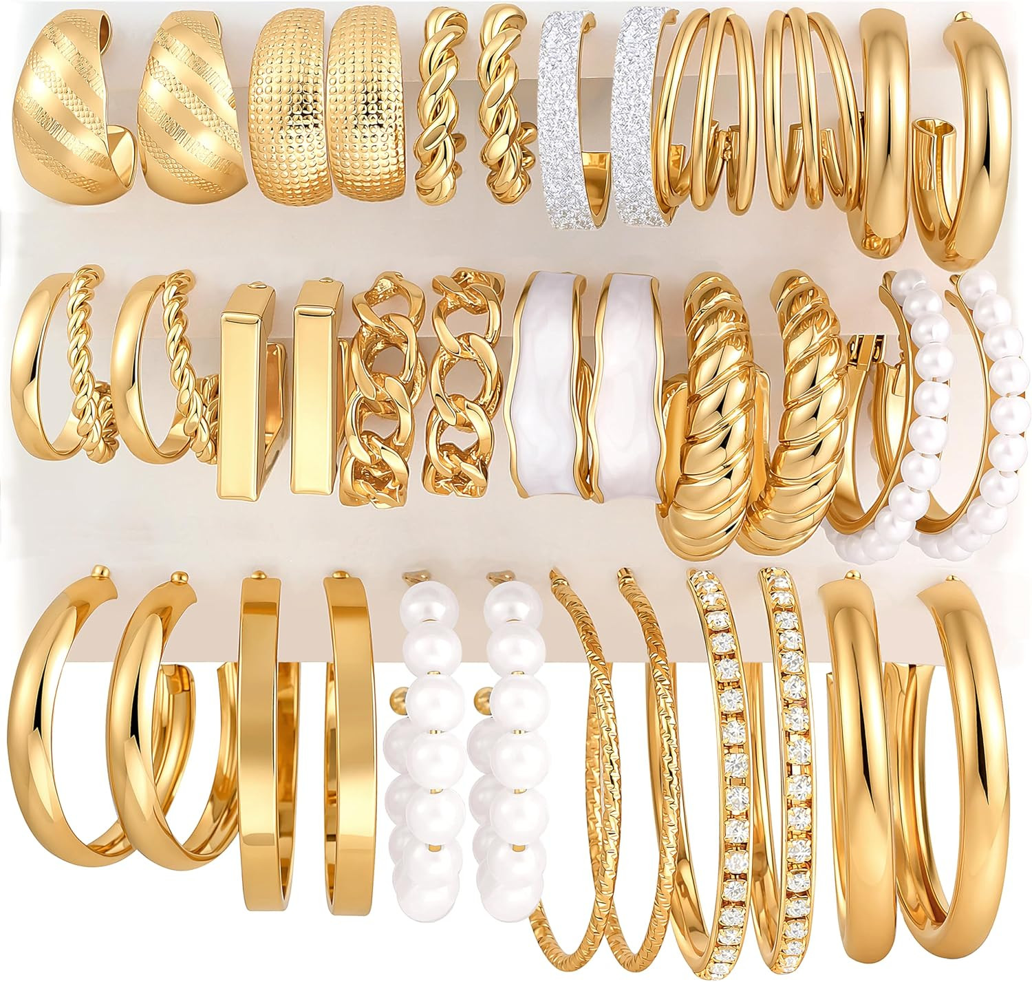 18 Pairs Gold Hoop Earrings Set for Women, Hypoallergenic Chunky Pearl CZ Twiste