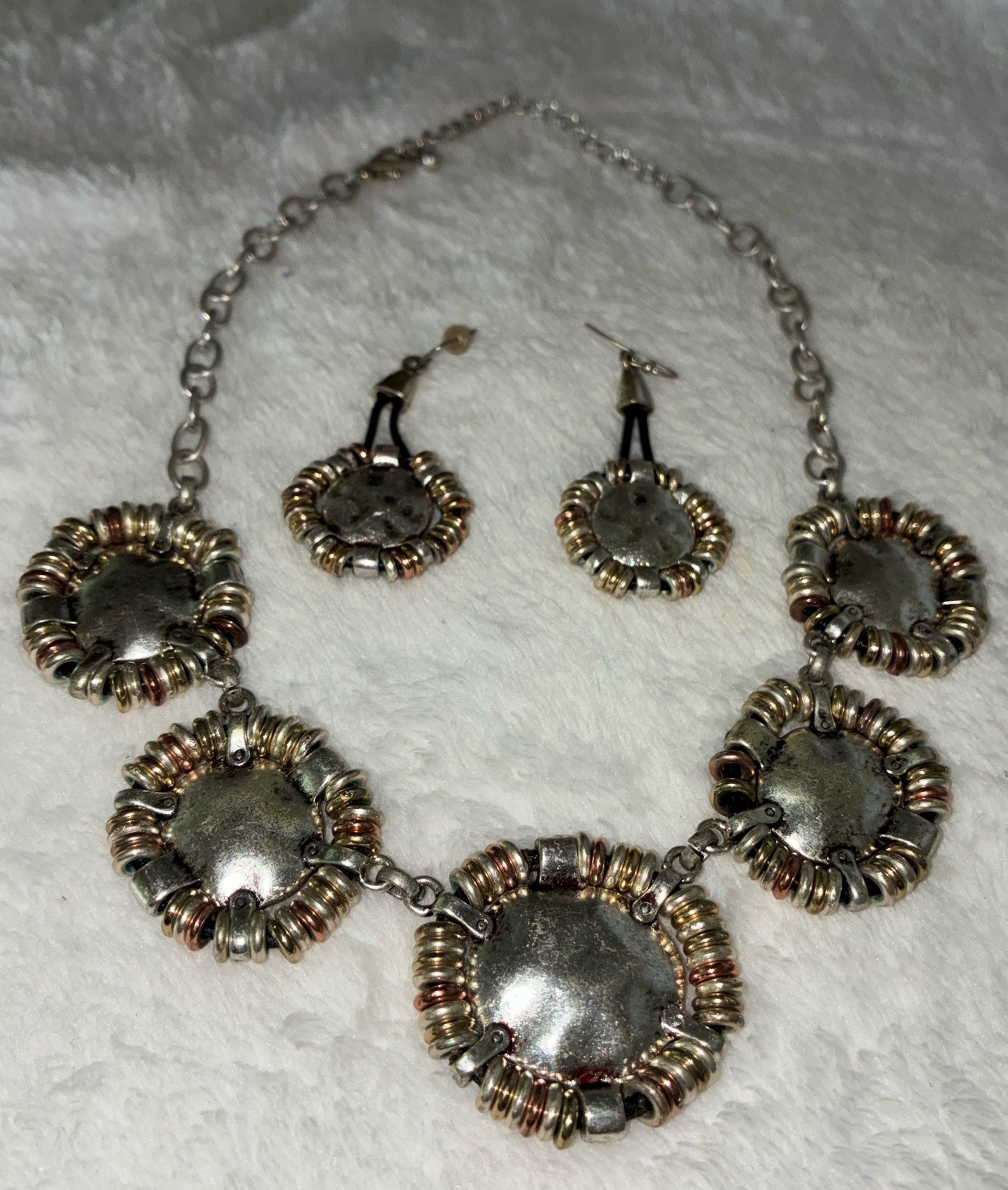 Chico’s Vintage Mixed Metal Bib Statement Necklace & Earrings Set Wire Wrapped