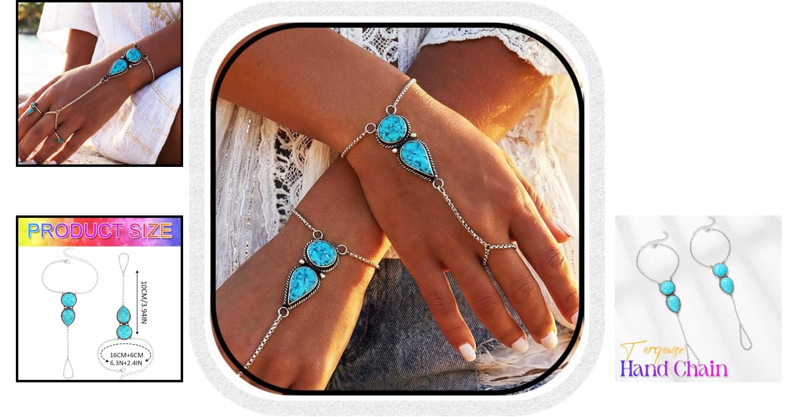 Pack of 2 Adjustable Turquoise Hand Chain Jewelry for Women – Chic Accessories