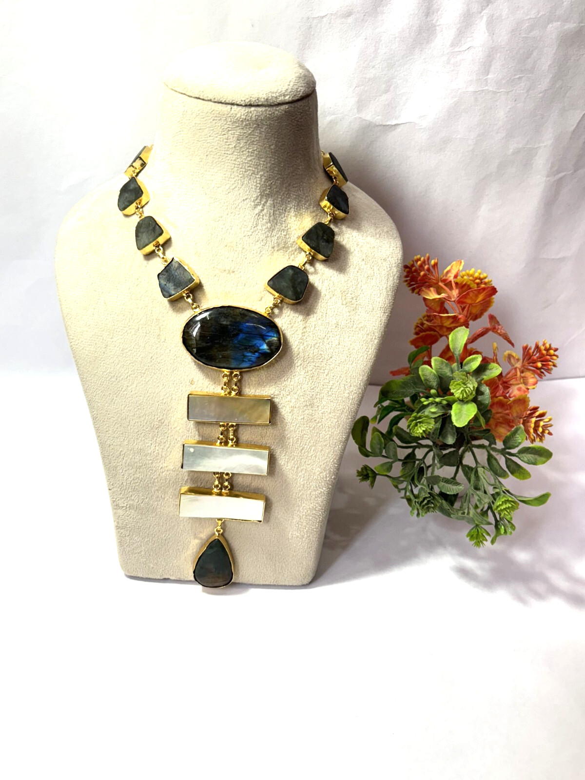 Natural Labouredite Rough Stone And mop Gemstone Necklace Gift For Her.