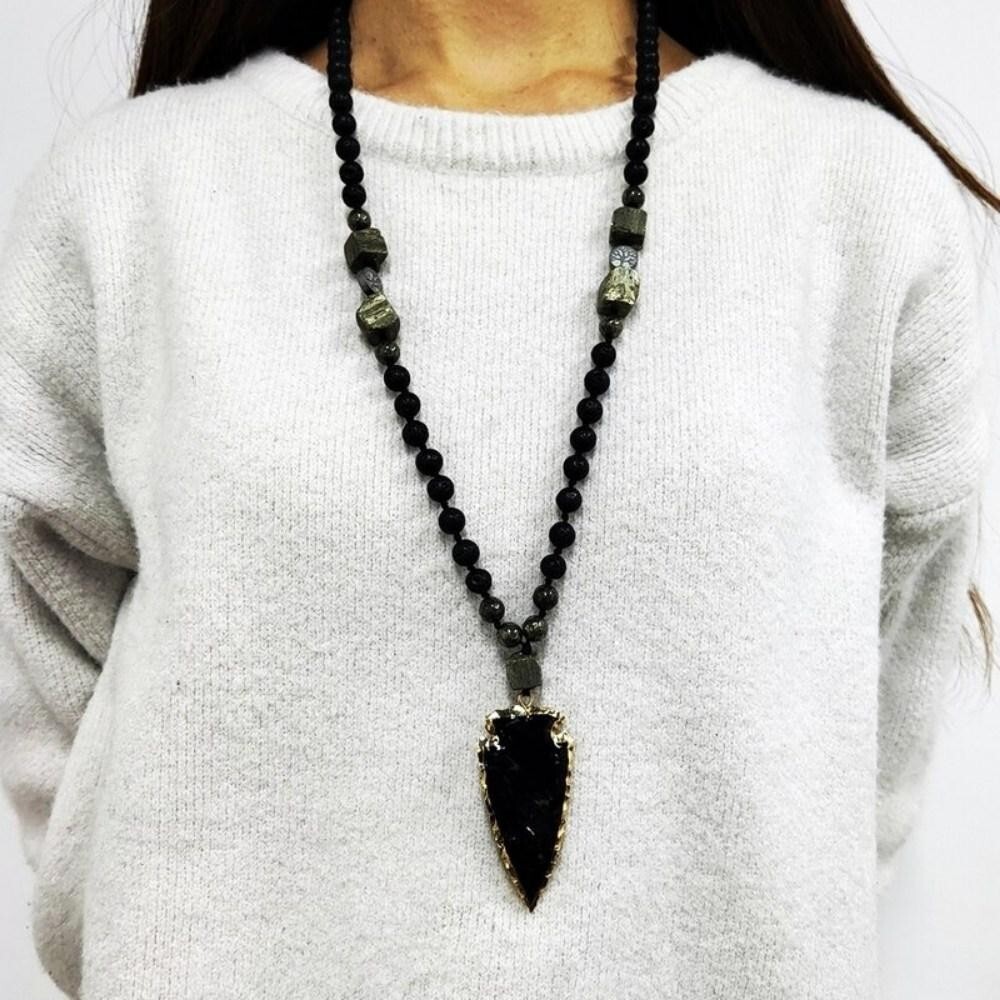 Lava Obsidian Mala Bead Healing Meditation Men Women Knotted Pendant Necklace