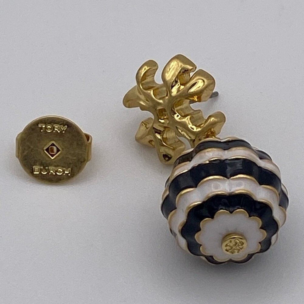 Tory Burch Roxanne TB logo drop earrings with black & white striped enamel ball
