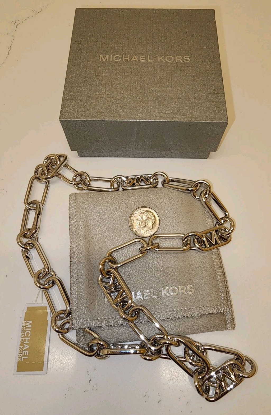 Michael Kors Silvertone Chain Links MK Signature Brass Necklace $325 NWT Rare!