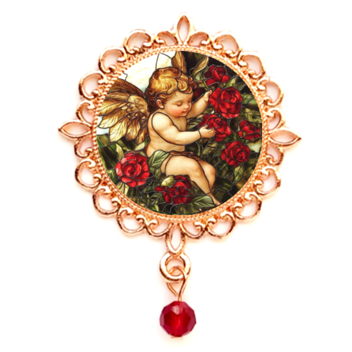 Valentine’s Day Cherub & Roses Brooch/Pin Silver, Gold and Rose Gold Tone USA