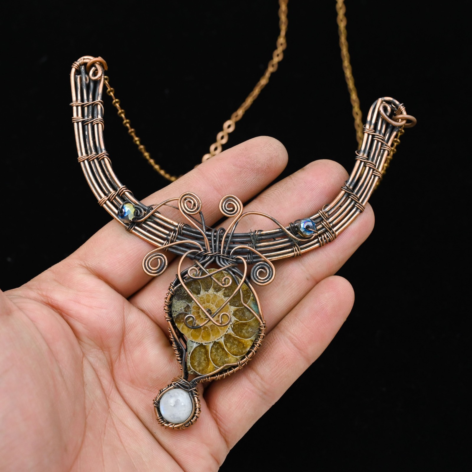 Copper Wire Wrapped Ammonite Pendant Necklace Artisan Handcrafted Necklace