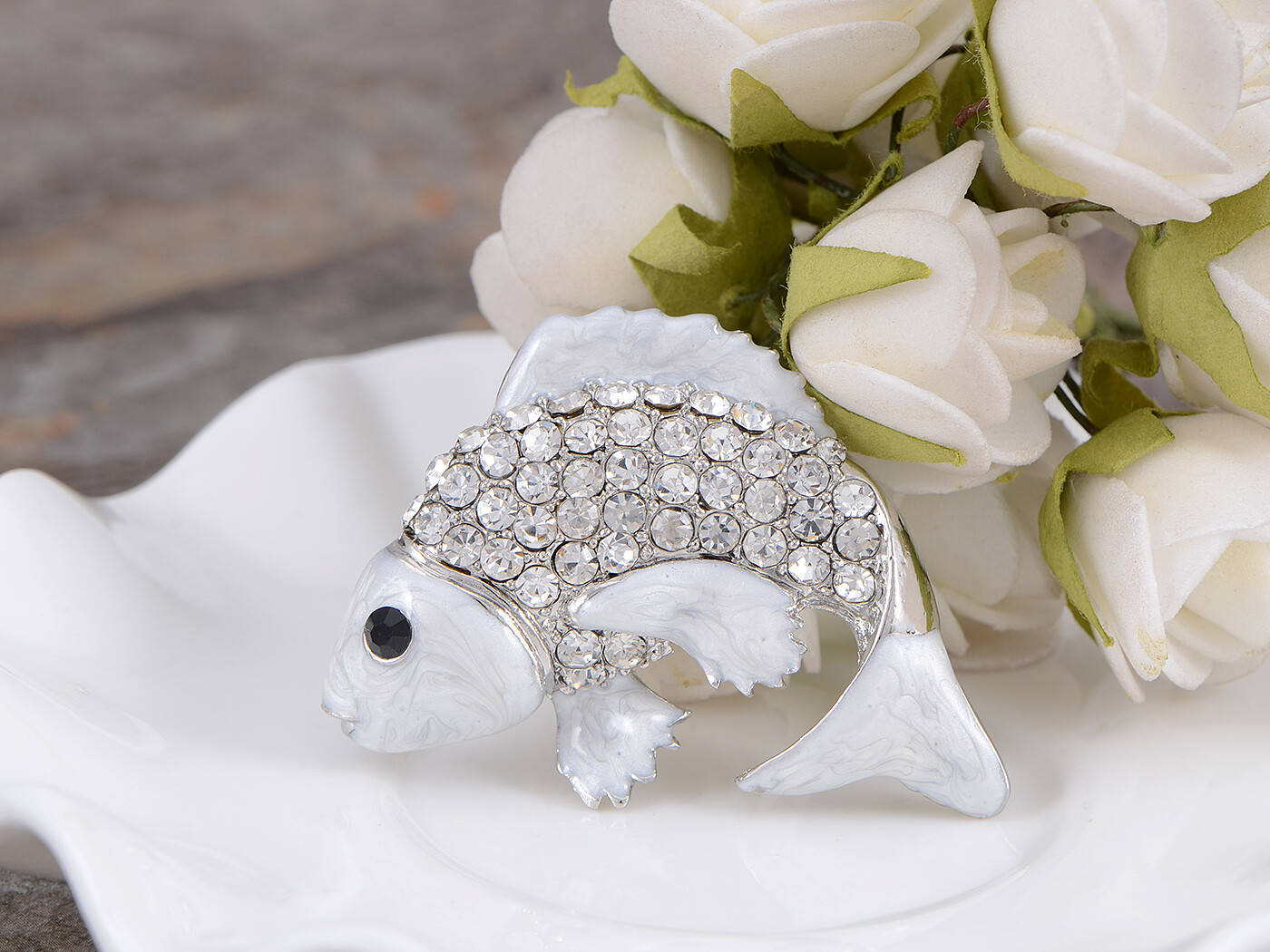 Koi Gold Fish Carp Silver Tone Enamel Clear White Crystal Rhinestone Ocean Anima