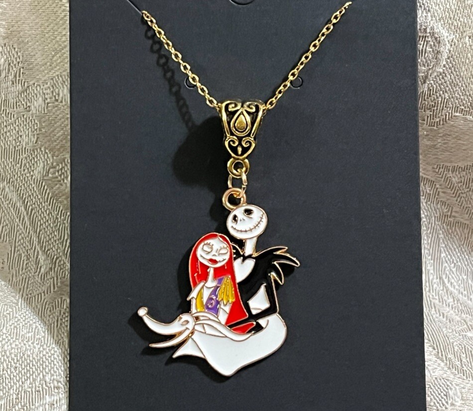 Jack Pumpkin Skeleton Zero Sally Nightmare Halloween Charm Gold Necklace 18”