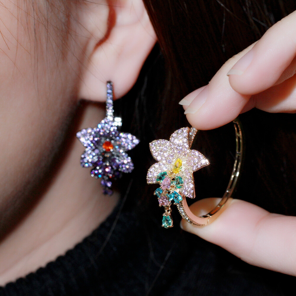 Black Gold Plated Purple CZ Large Round Dangle Drop Tassel Flower Hoop Earrings