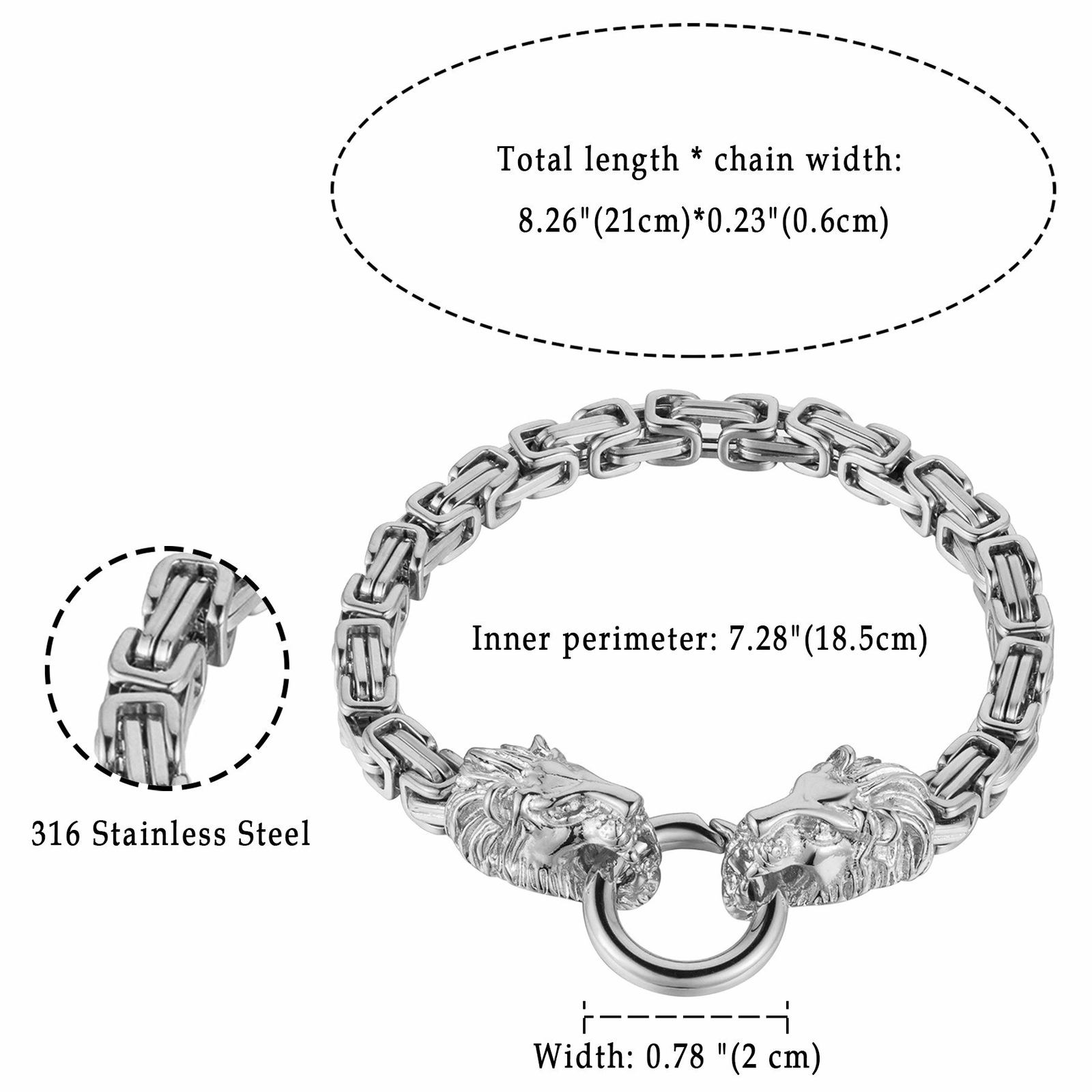 Lion Head Byzantine Box Link Chain Bracelet For Men 316L Stainless Steel Heavy