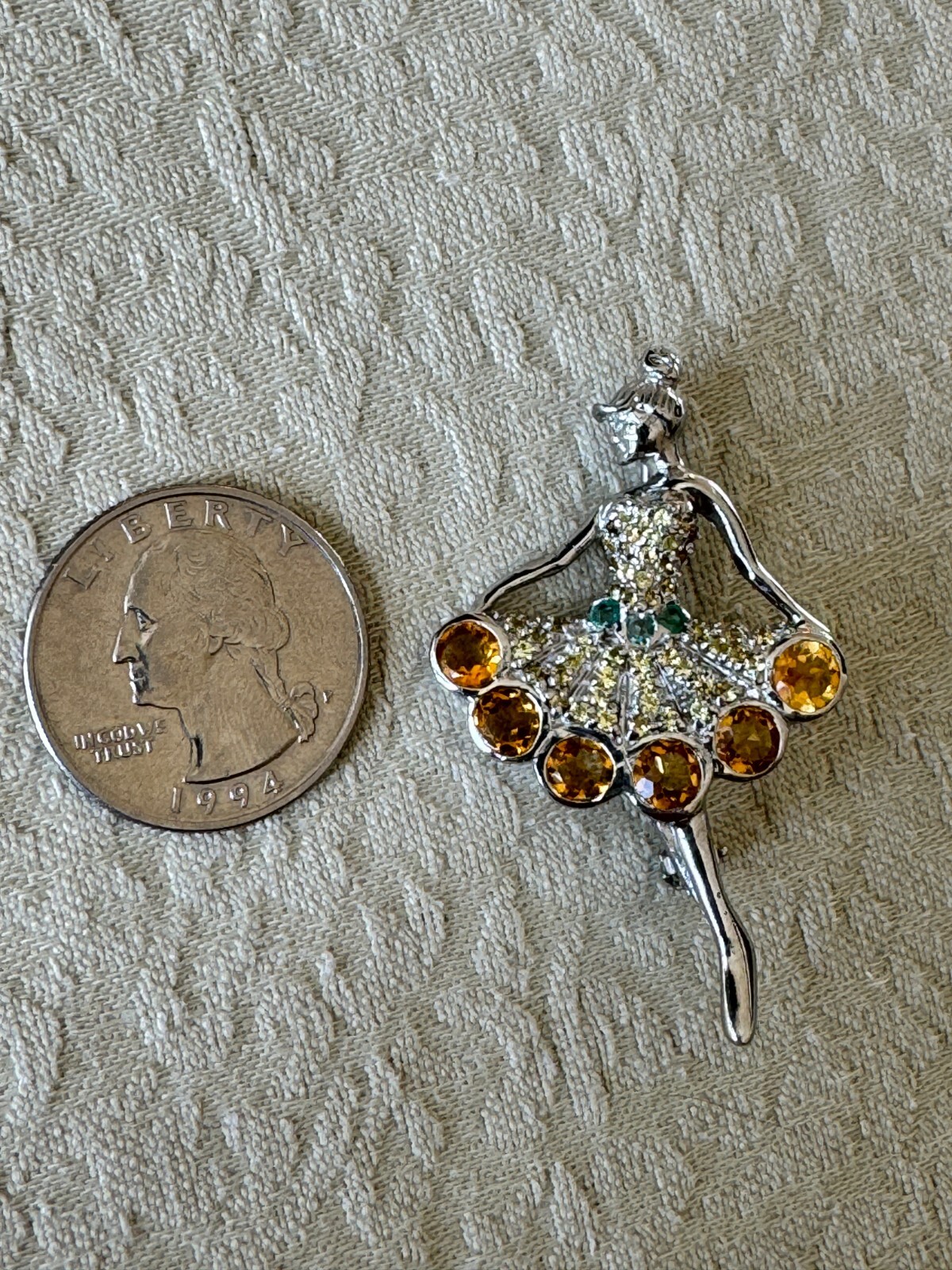Art Sterling Silver Balerina Brooch, Round 6mm Cirtine 2mm Sapphire