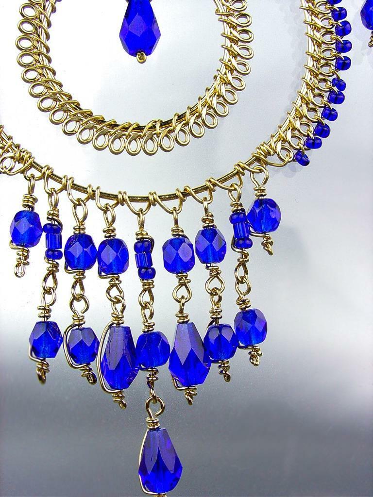 GORGEOUS Artisanal Sapphire Blue Crystals Gold Lattice Rings Chandelier Earrings