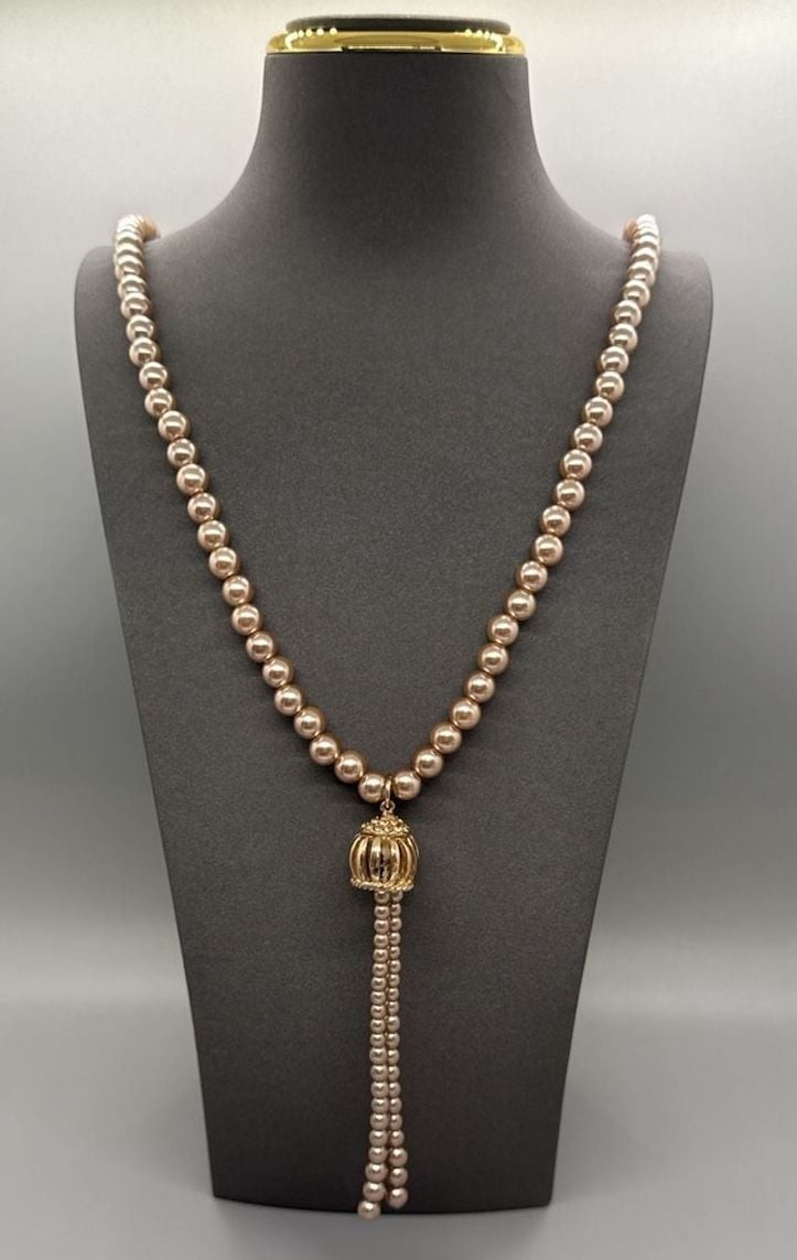 Faux Pearl Lariat Necklace w/ Gold Tone Cage Tassel, Length 29” + 4.5” Pend