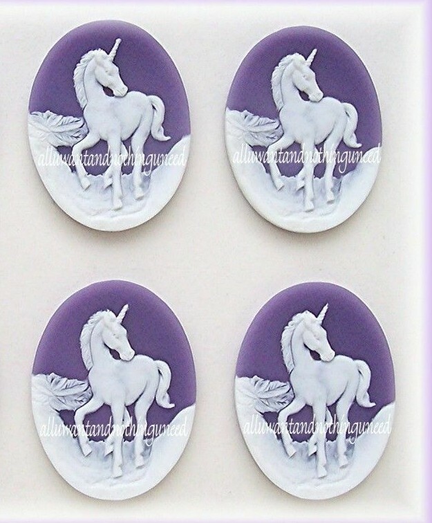 4 Unset WHITE UNICORN on PURPLE 40mm x 30mm Costume Jewelry CAMEOS for Crafts