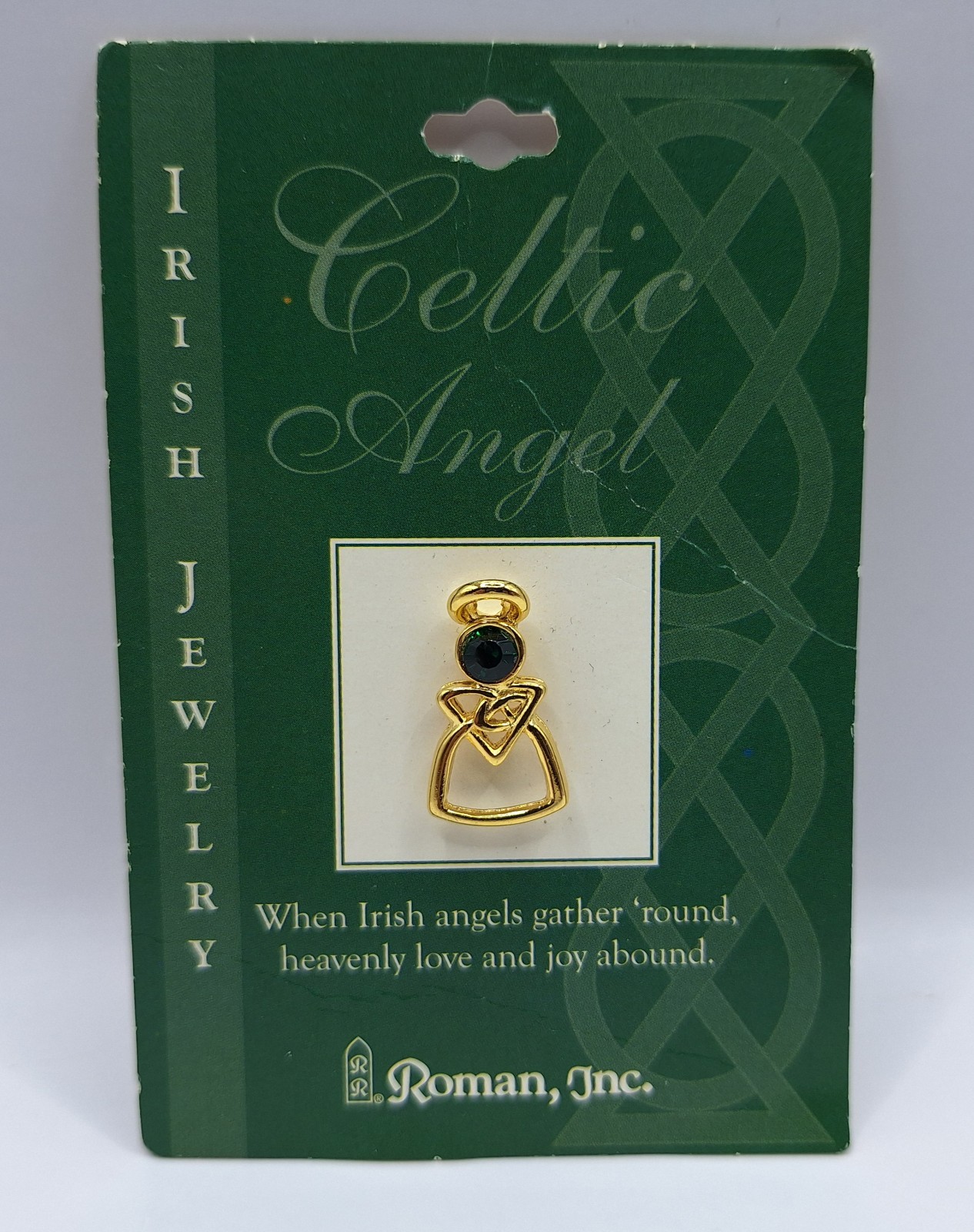 Roman Inc. Celtic Angel Irish Jewelry Pin Green Emerald Celtic Knot Angel NEW
