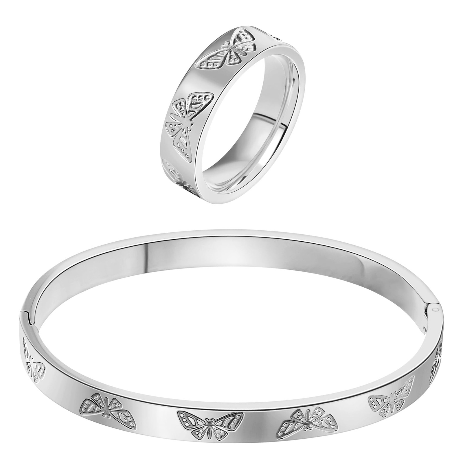 Gold Silver Butterfly Bracelet Ring Set, Stainless Steel Cuff Bangle Jewelry,…