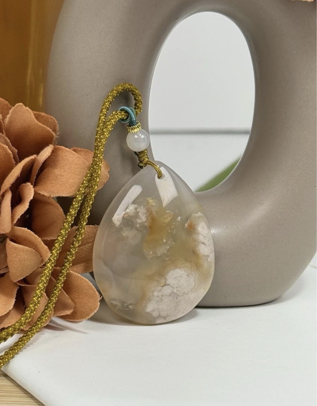 Flower Agate Yellow Pendant Necklace 43.6/9.3MM on Adjustable Nylon