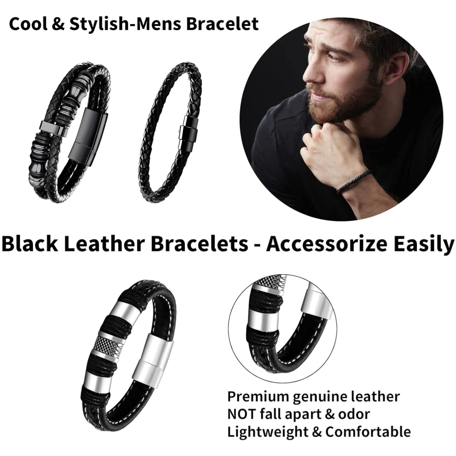 Adjustable Leather and Stainless Steel Bracelets