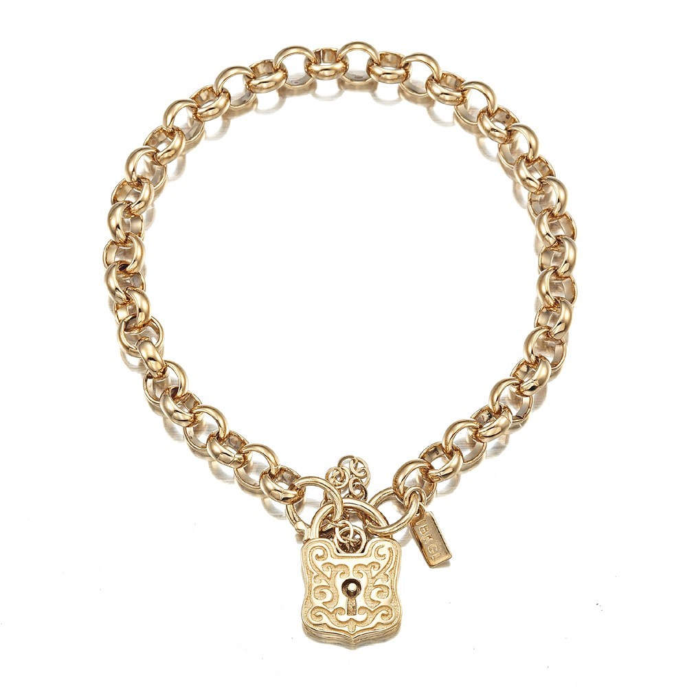 18K GL Solid Belcher Yellow Gold Bracelet & Antique Keyhole Padlock