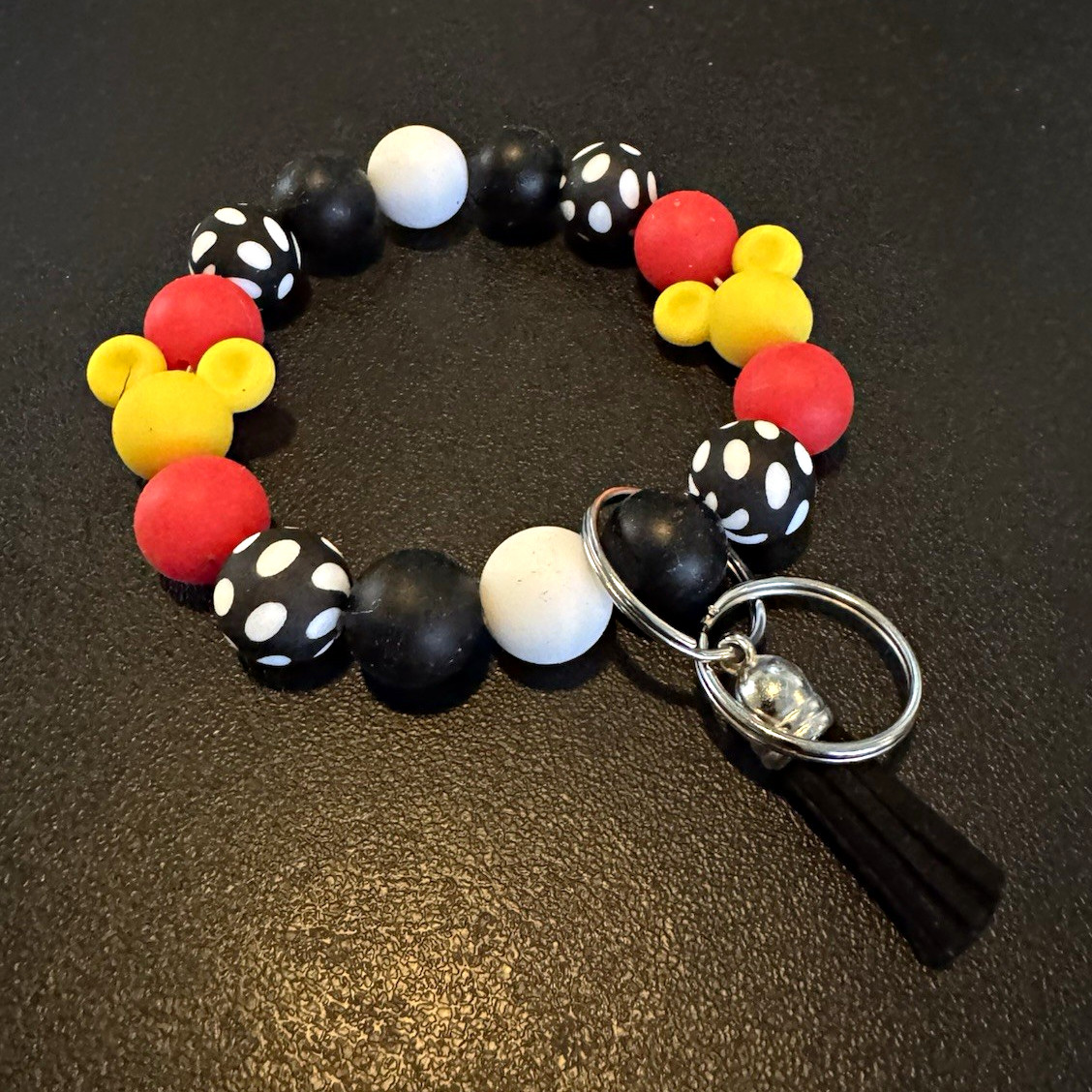 Handmade Keychain Red Black with Polka Dots Yellow Mouse Head/Ears w/ Tassel