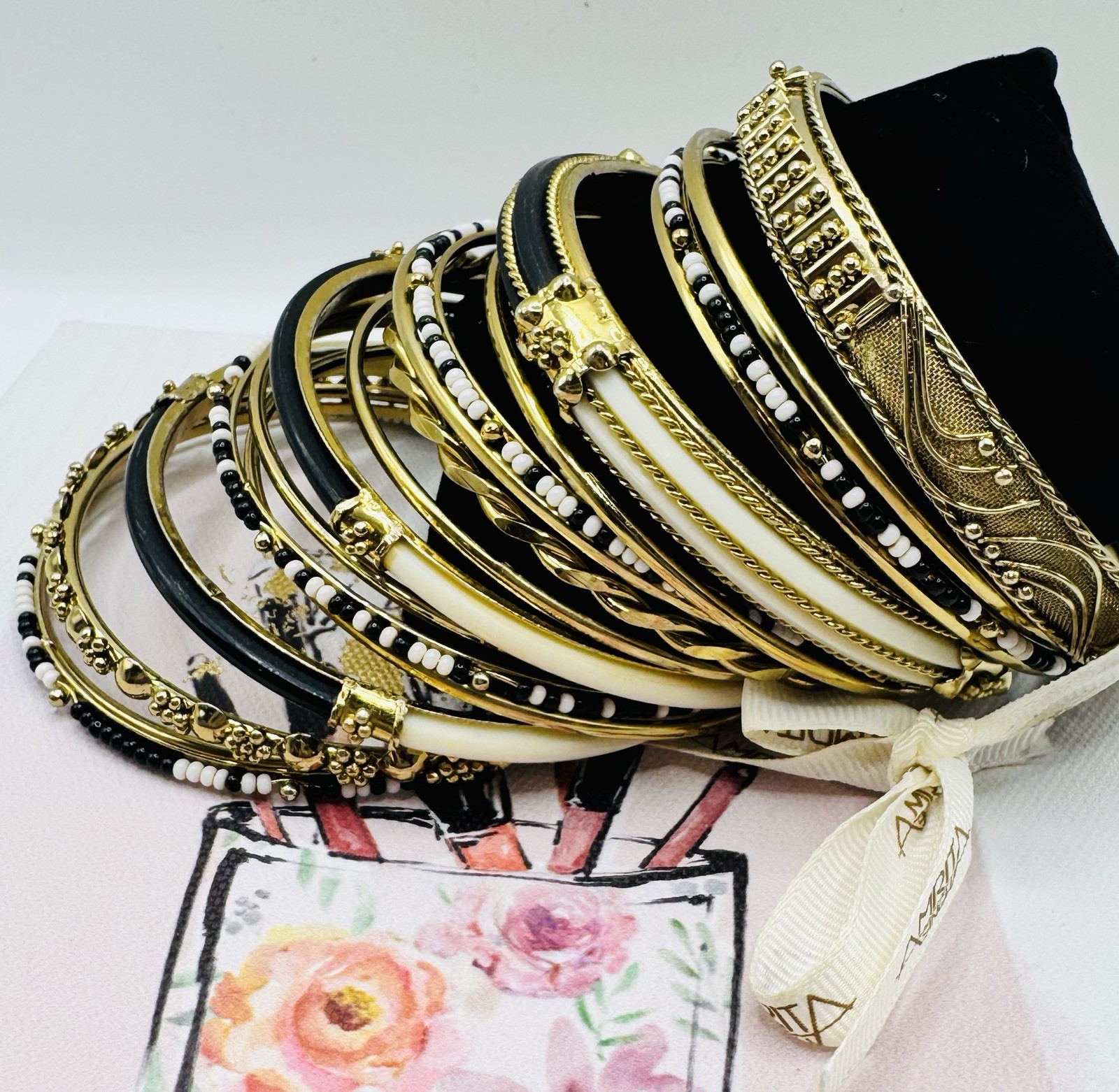 AMRITA SINGH Black/Ivory Bangle Bracelet Set New with Tags