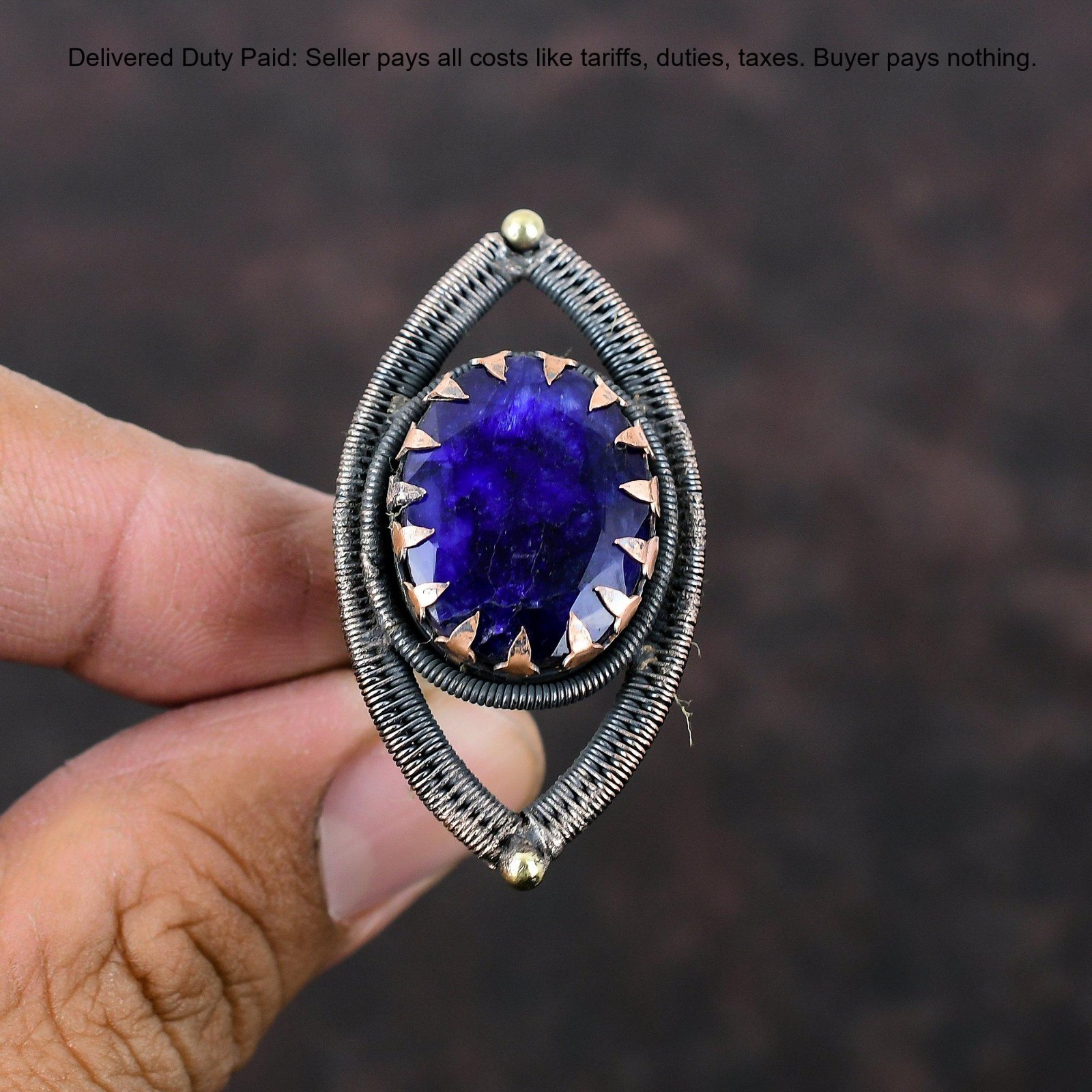 Oval Blue Saphire Stone Copper Statement Wedding Wire Wrapped Promise Wife Ring