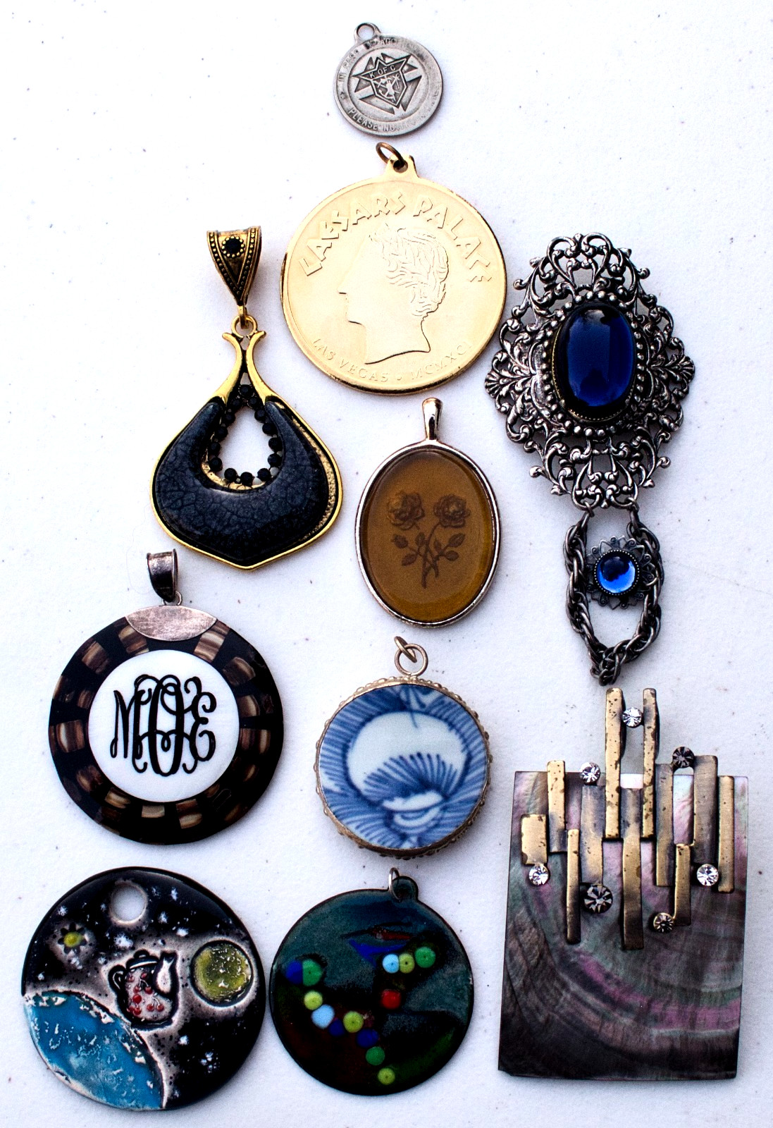 Vintage to Now Lot of 10 Pendants Mixed Materials & Sizes – no chains included