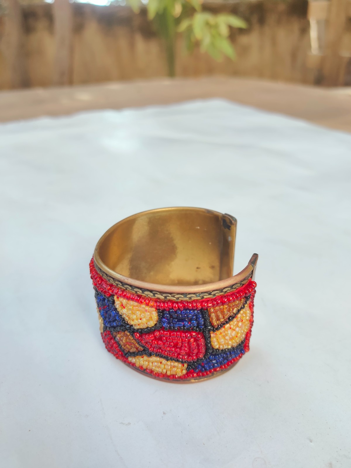 Handmade Brass Cuff Bracelet Colorful Seed Beaded Wide Open Bangle Boho Ethnic