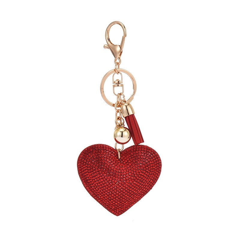 2pcs Love Heart Red Crystal Key Chain Keyring Handbag Charm Tassel Gold Bag Ring
