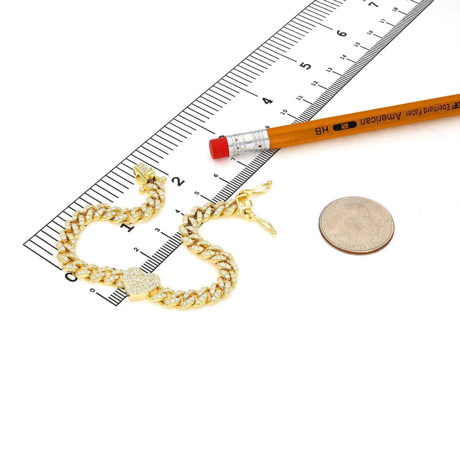 18K Yellow Gold Over Silver CZ 6mm Pave Heart Miami Bracelet 7″-8″