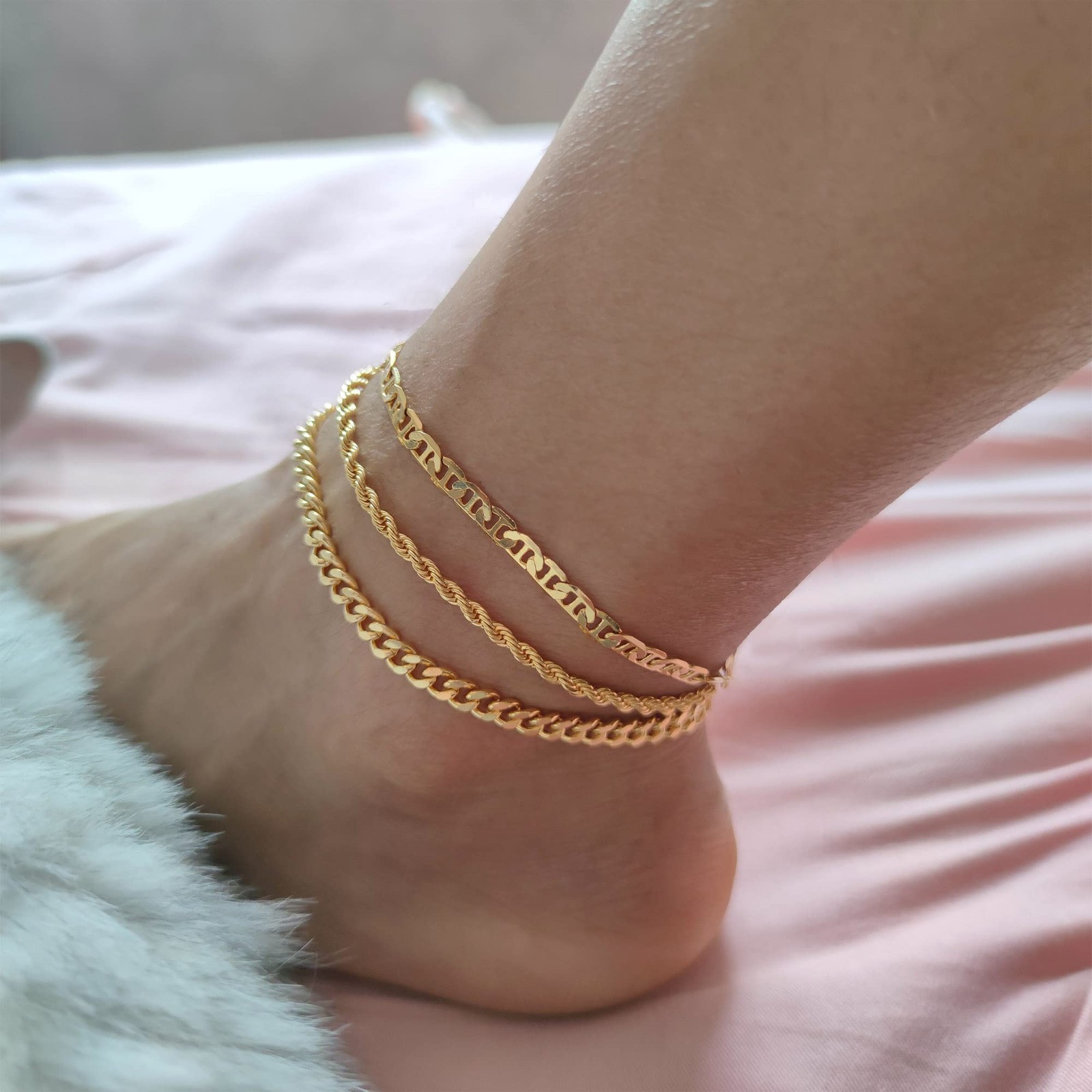 DEARMAY 14K Gold Plated Ankle Bracelets for Women Anklets Herringbone Cuban L…