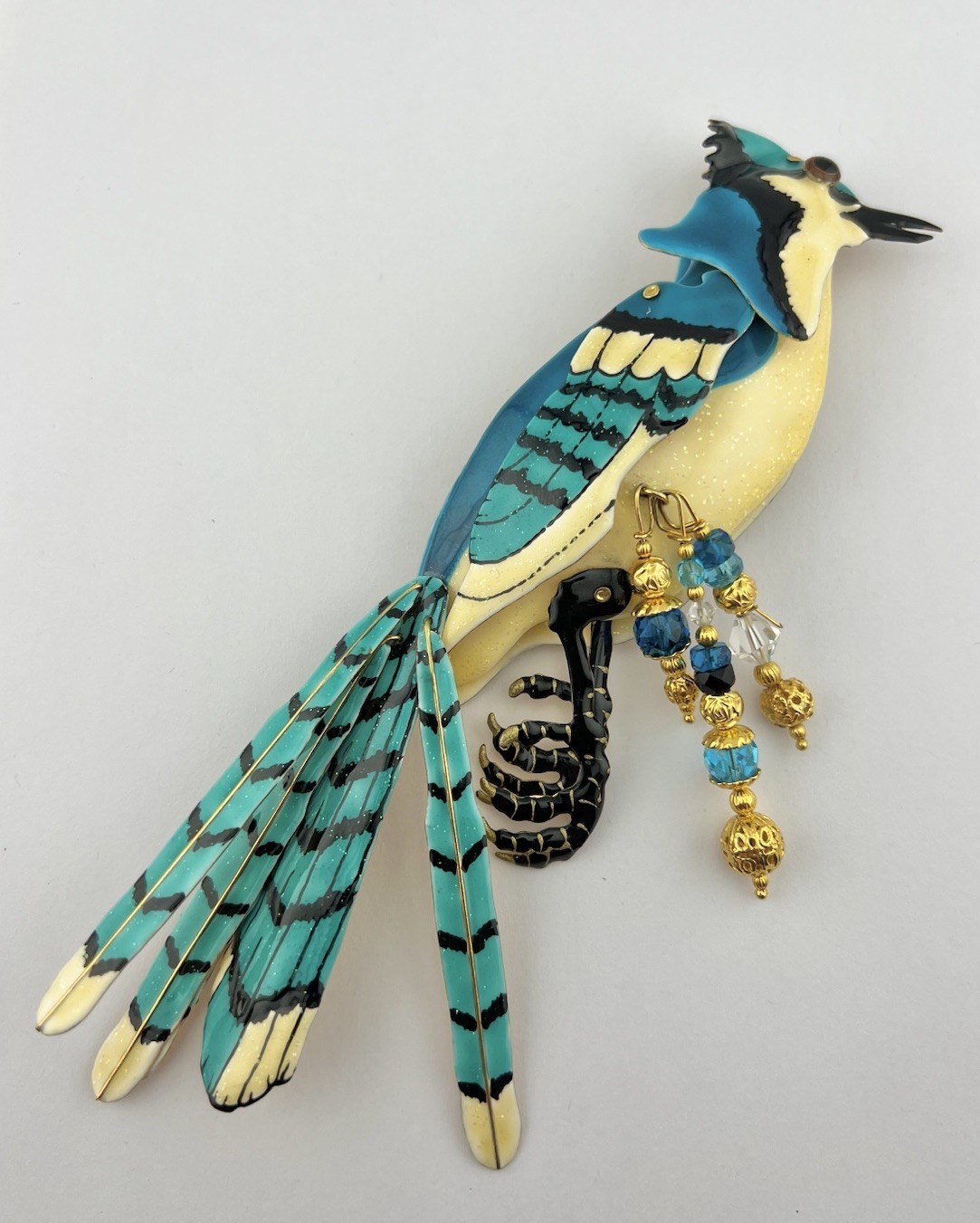 Lunch at The Ritz Blue Jay Bird Moveable Enamel Statement Pin Brooch Pendant 7″