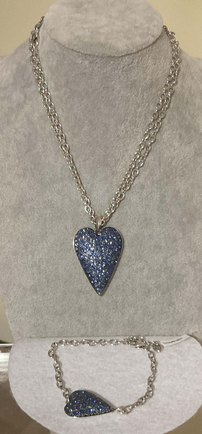 SHIMMERY NWT BRIGHTON GLISTEN HEART BLUE CRYSTAL NECKLACE BRACELET SET RP$222