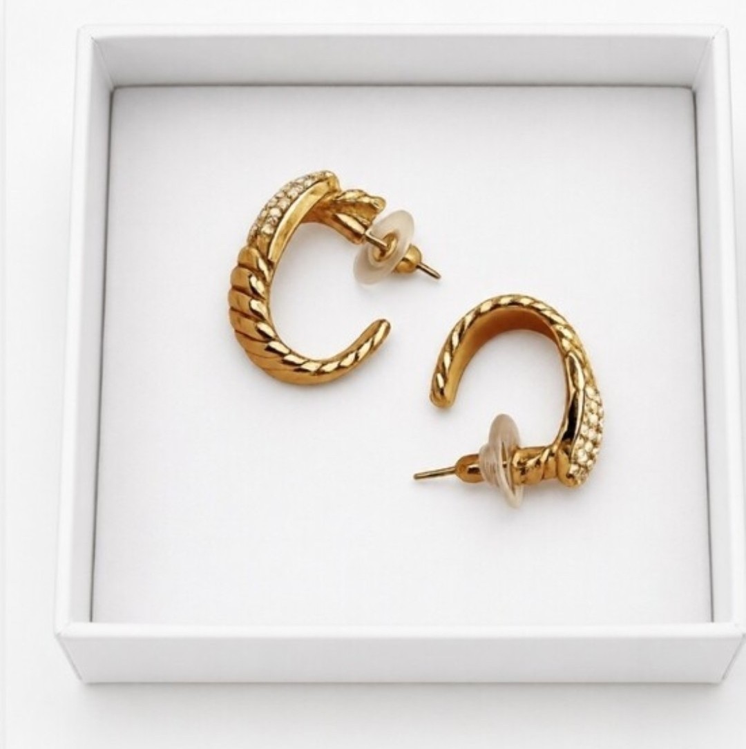 Anthropologie Gold Belt Buckle Crystal Earrings Half Hoop