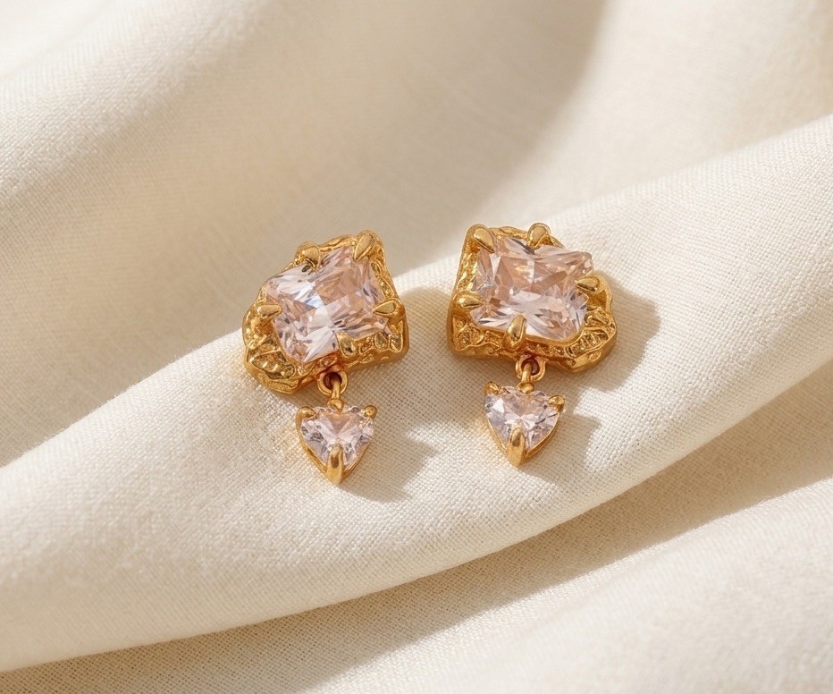 Molten Crystal Earrings Solanales Gold CZ Heart Irregular Geometric Boho Stud