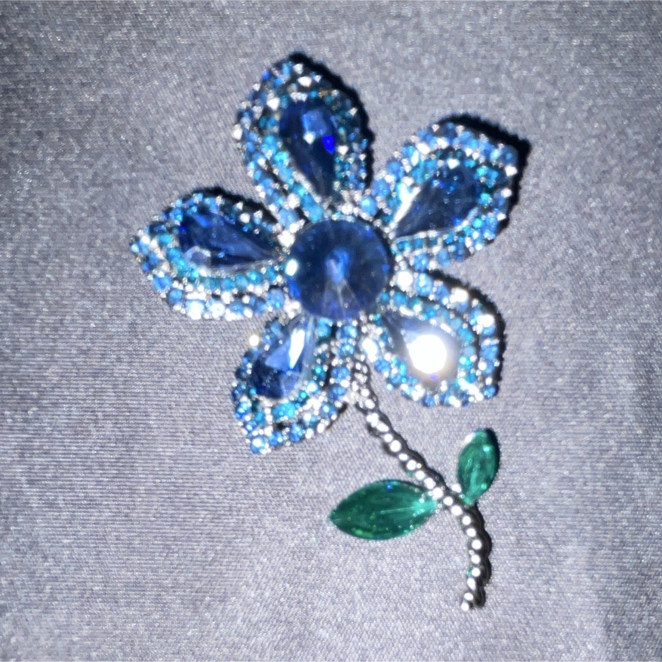 Blue Green Silver Rhinestone Flower Brooch Pin Pavé Marquise Stones Floral