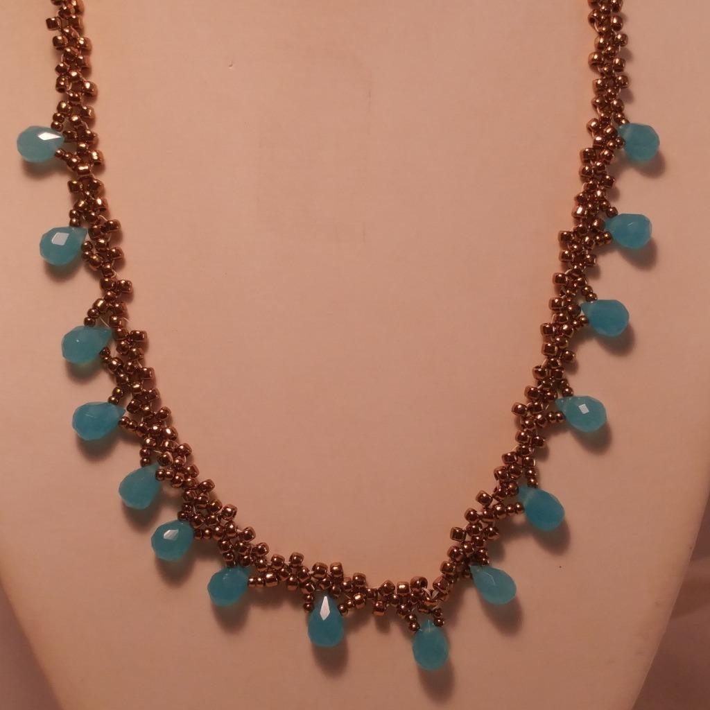 Aqua Glass Teardrop Necklace Copper Weave Beaded Necklace 18″