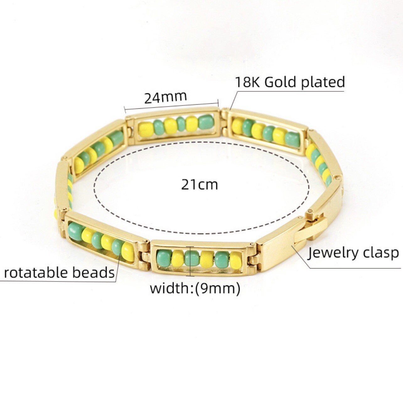 Stainless Steel Green Yellow Beads Amulet Protection Orula Bracelet 8-9 Inches