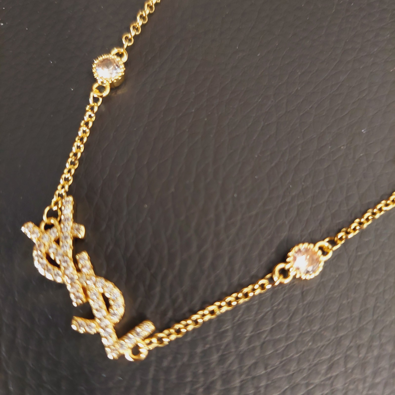 Auth. Yves Saint Laurent Signature YSL Logo Choker Crystal Studded Necklace