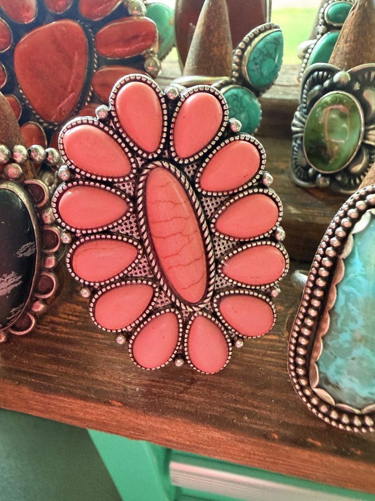 Lot of 2 Adjustable Statement Cocktail Rings Coral and Turquoise Colored Stones