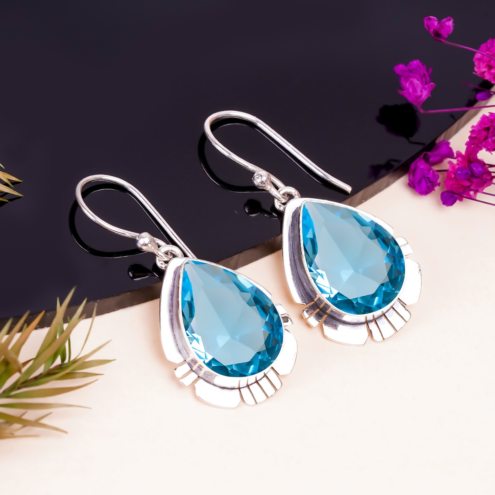 Blue Topaz 925 Sterling Silver Earring, Christmas Gift, Gift For Her E144336