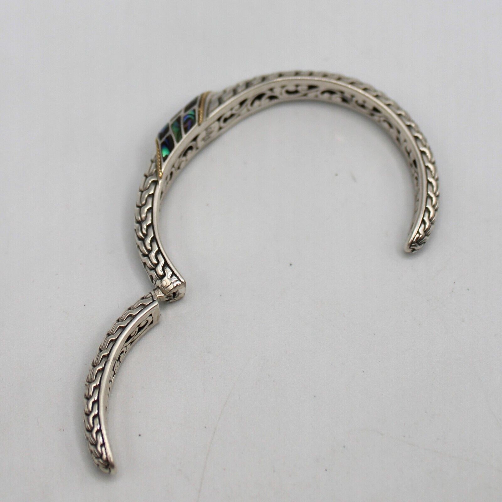 Bali Made 925 & 18K Gold Hinged Bangle Abalone & Dragon Bone Motif Signed