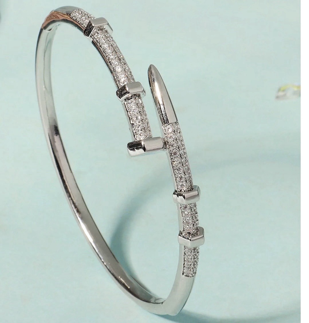 Silver Tone Pavé Clear Round Simulated CZ Hinged Cuff Bangle Bracelet