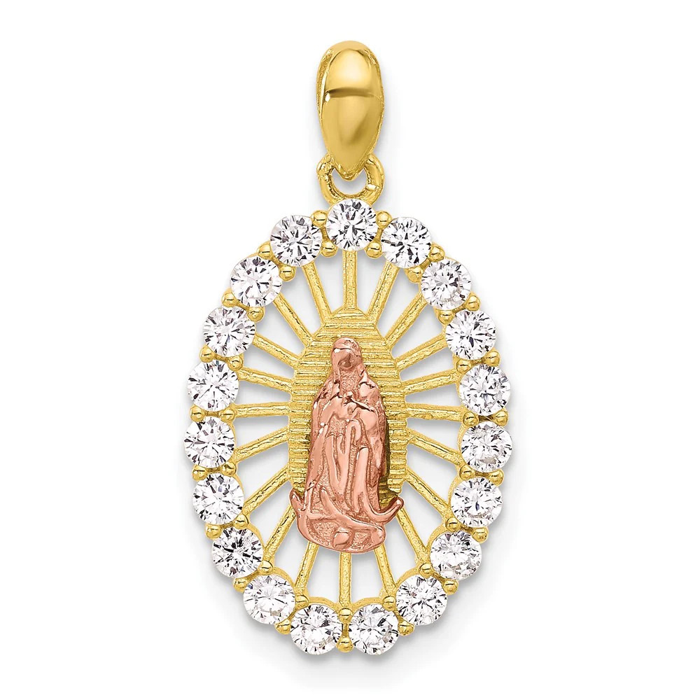 Sterling Silver Gold And Rose-Tone CZ Our Lady Of Guadalupe Oval Pendant