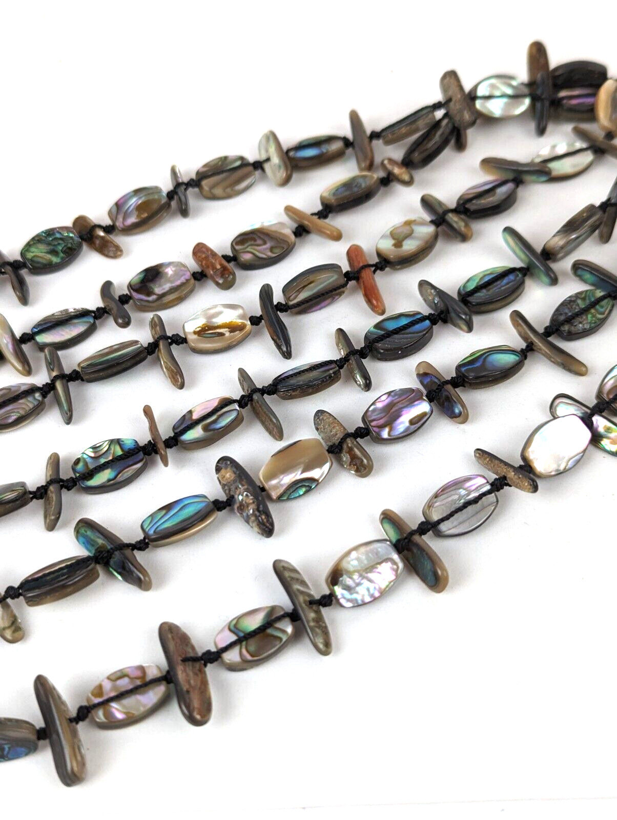 Vtg 3 Strand Rainbow ABALONE SHELL HAND KNOTTED Statement Necklace 24″ Long