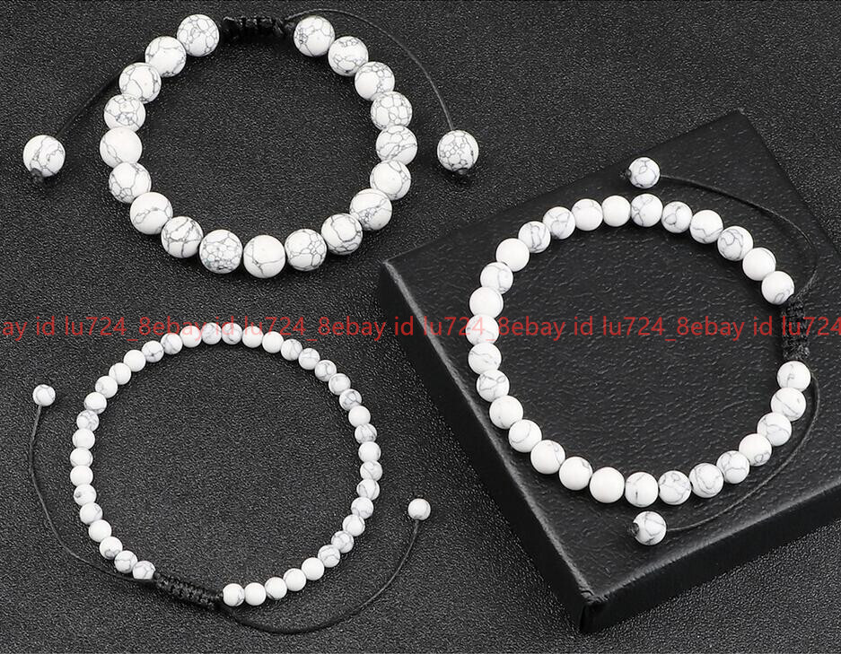 Natural 6/8/10/12mm White Turquoise Round Gemstone Beads Adjustable Bracelet7.5″