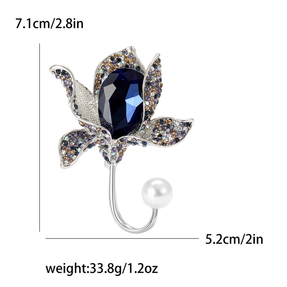 Blue Crystal Flower Brooch Silver Rhinestone Floral Pin Statement Jewelry Gift