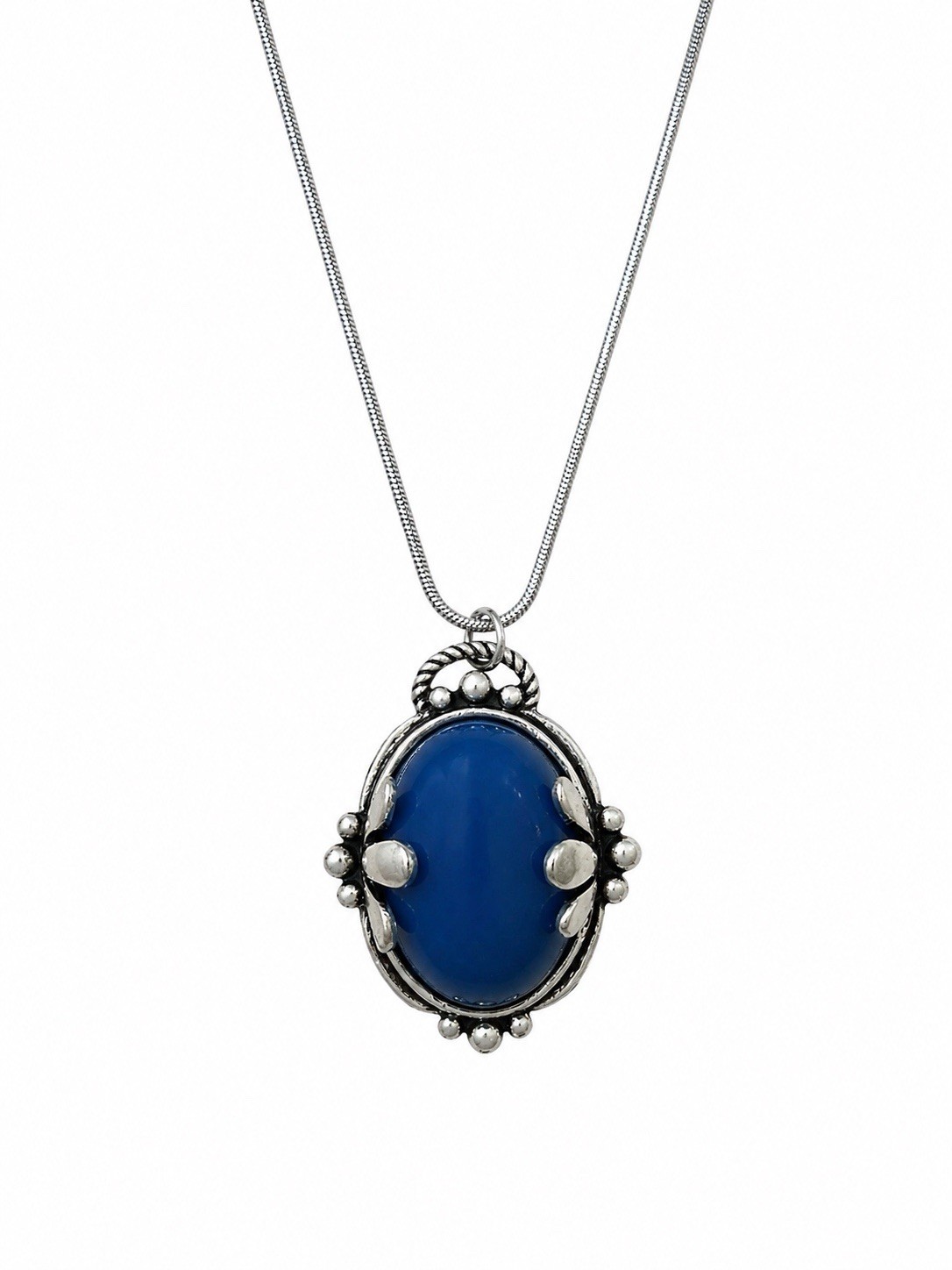 Silver Tone Blue Oval Cabochon-Style Bezel Set Pendant Chain Necklace