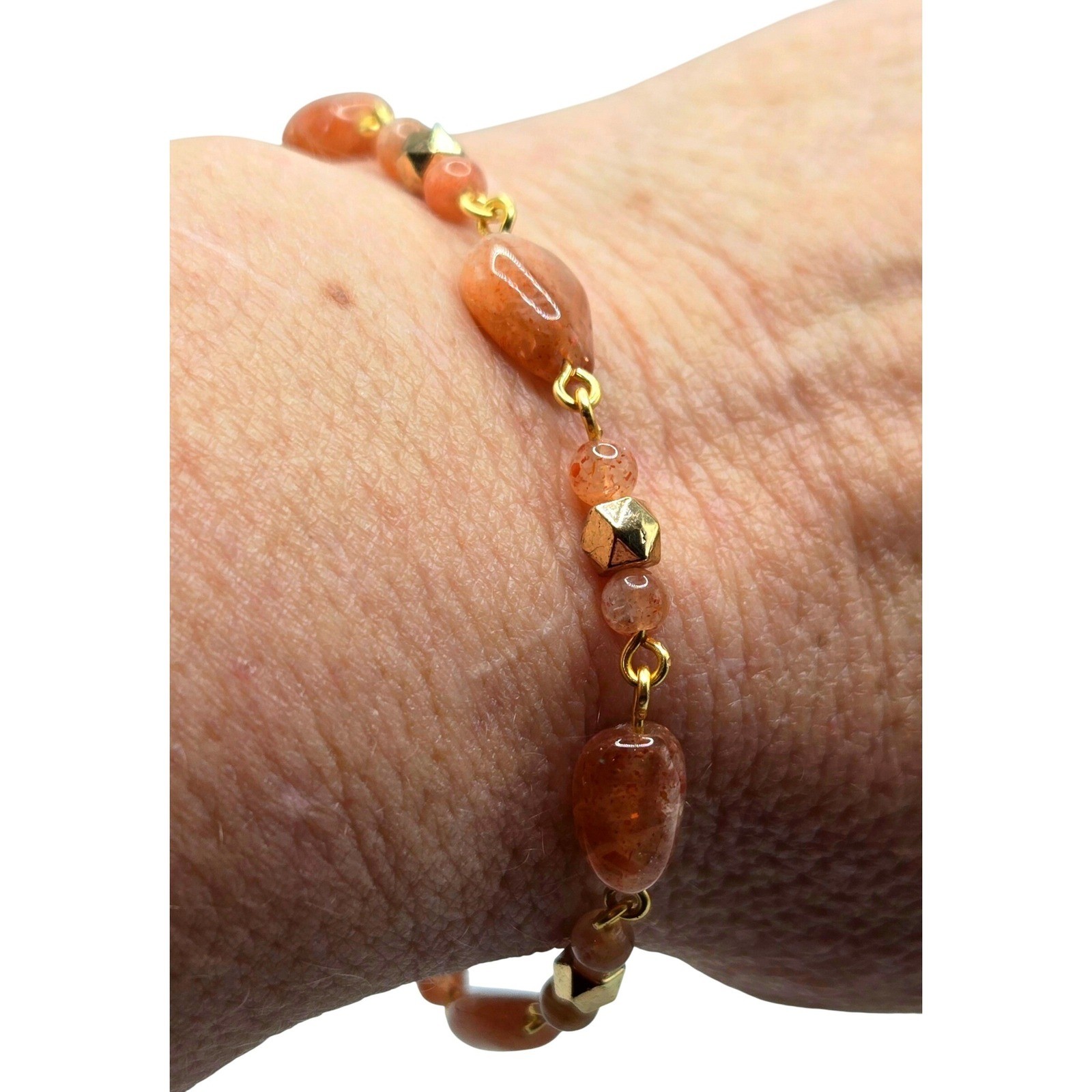 Natural Sunstone Beaded Bracelet 24k Gold Plated, Adjustable Handcrafted