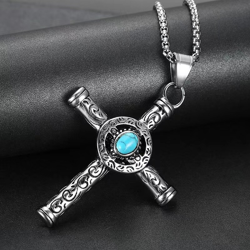 Silver Turquoise Celtic Cross Pendant Necklace Men’s Jewelry Chain 24″ Gift