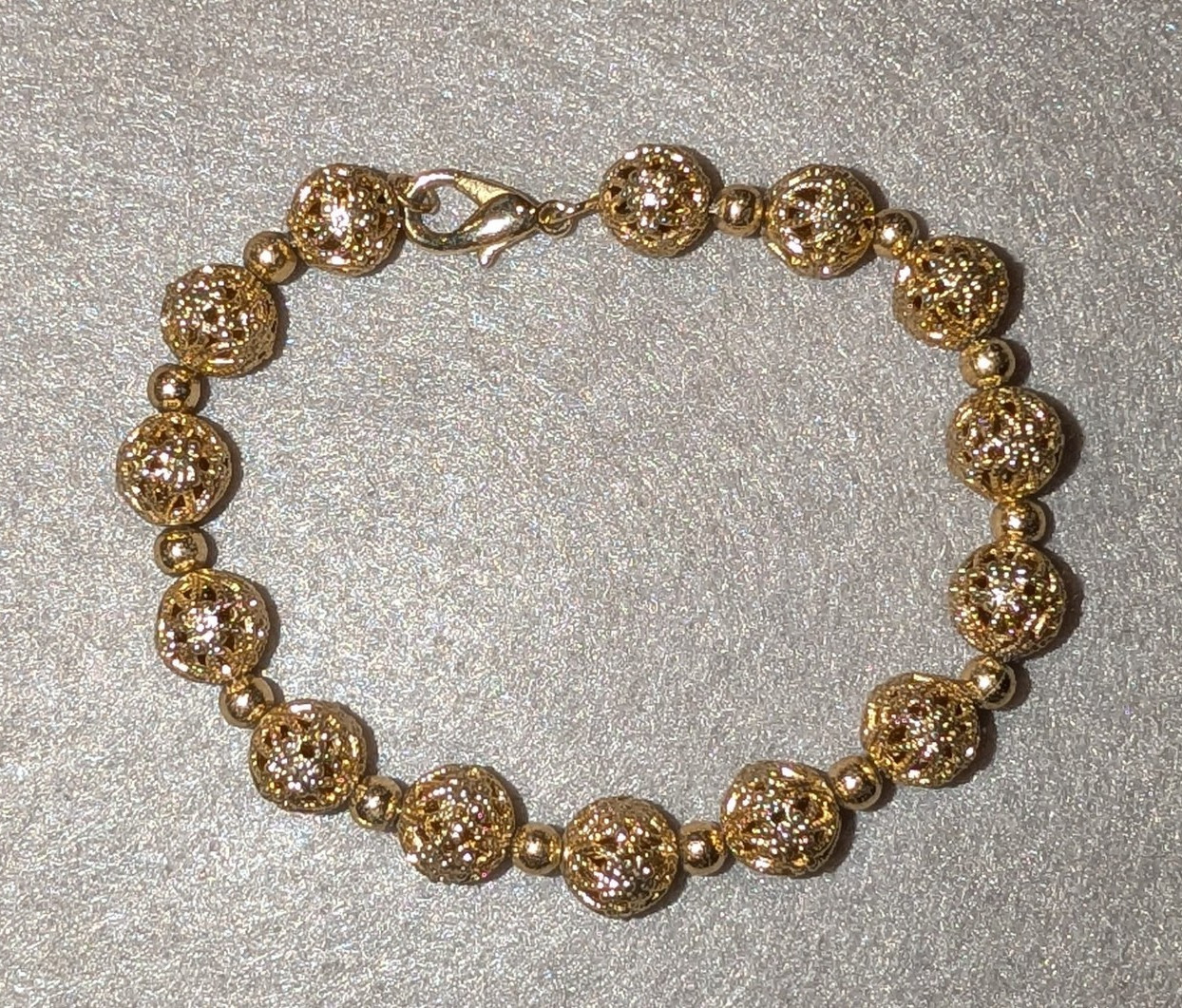 Gold Tone Filigree Beaded Bracelet Round Beads Lobster Clasp No Stone
